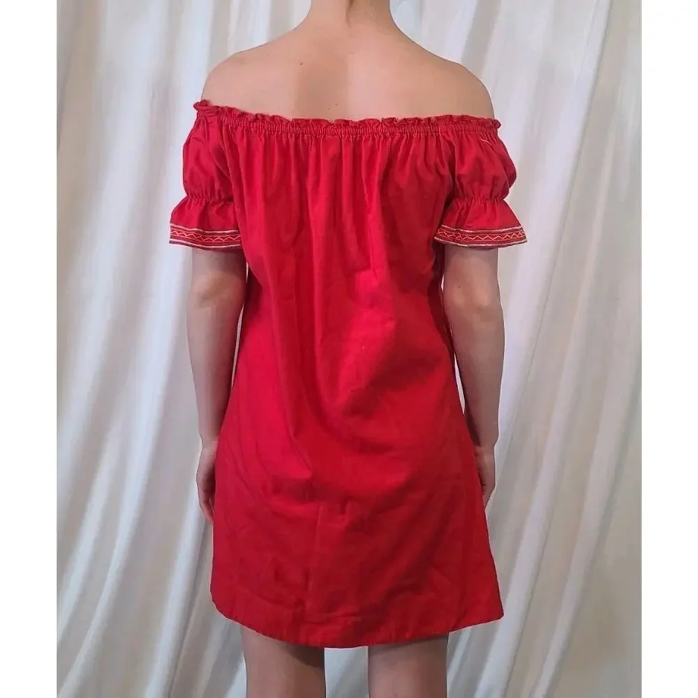 Free People Fleur Du Jour Embroidered Red Off Shoulder Mini Dress XS